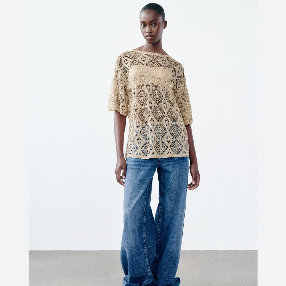 Zara Beige Crochet Knit Short-Sleeve Blouse